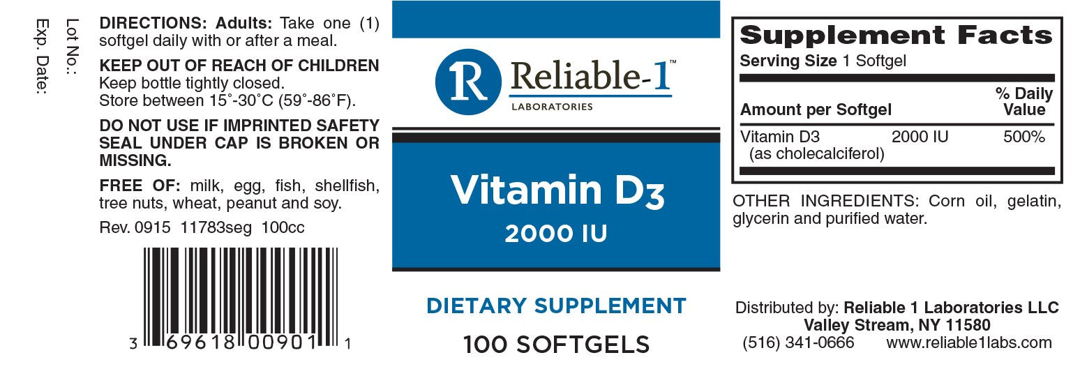 Close-up of Vitamin D3 2000 IU Softgels packaging – 100 count