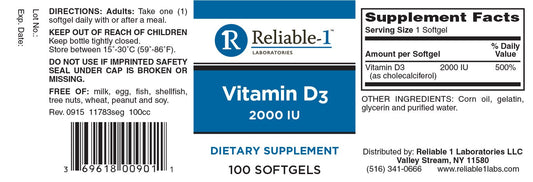 Close-up of Vitamin D3 2000 IU Softgels packaging – 100 count