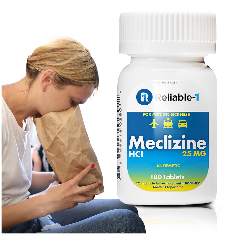 Reliable-1 Laboratories meclizine bottle front promotes motion sickness relief on the go.