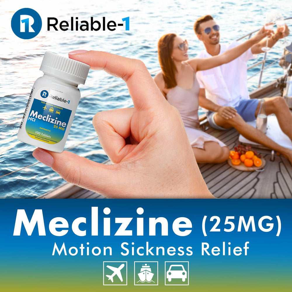 Reliable-1 Laboratories meclizine bottle label highlights USA-made quality and dosage.