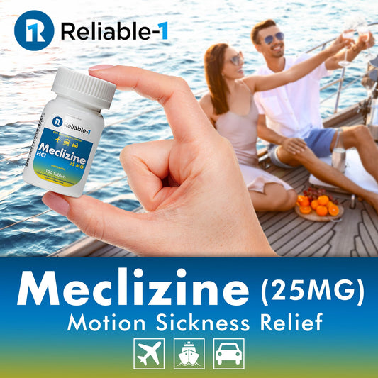 Reliable-1 Laboratories meclizine bottle label highlights USA-made quality and dosage.