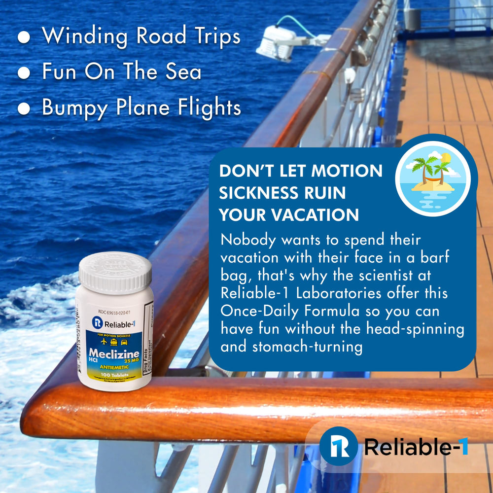 Reliable-1 Laboratories meclizine travel-kit scene implies on-the-go relief during trips.