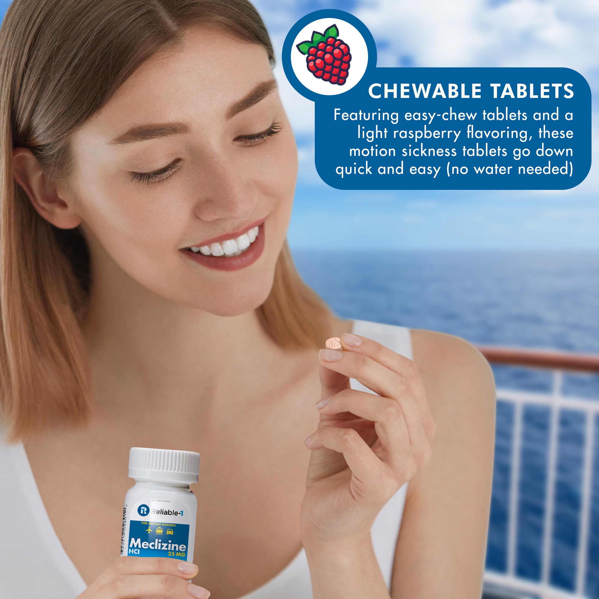 Reliable-1 Laboratories meclizine 25mg bottle on shelf reinforces a trusted anti-nausea option.