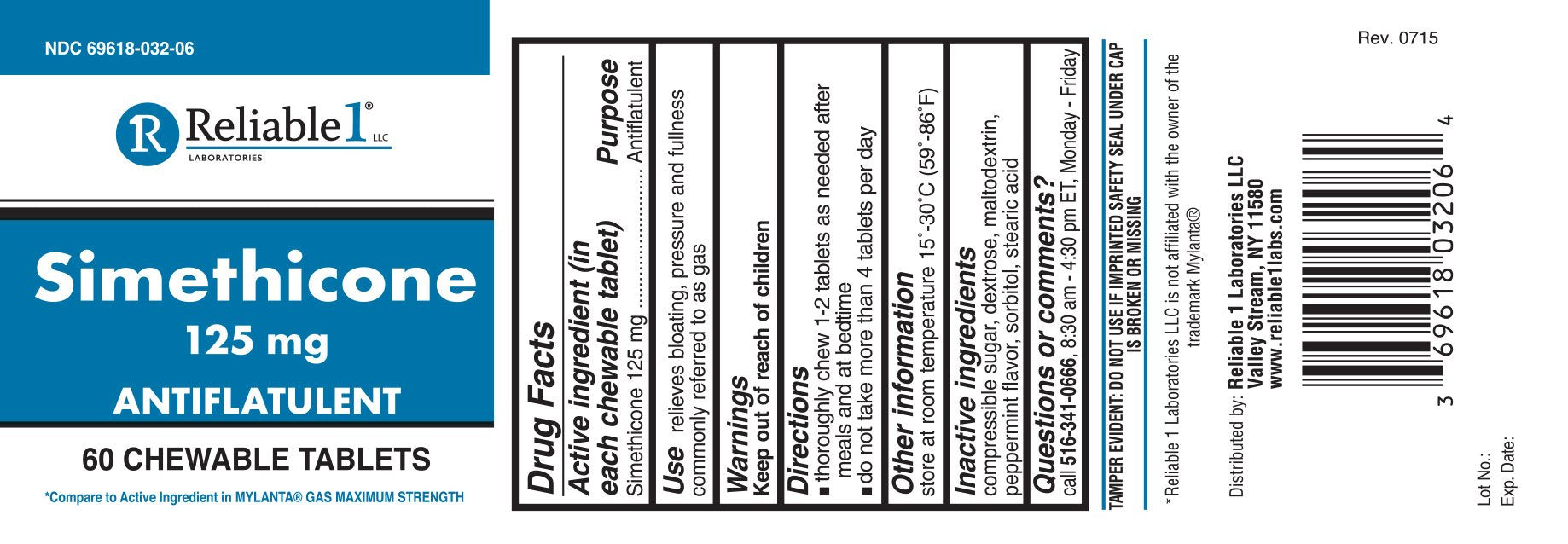 Reliable-1 Simethicone 125mg chewables close-up shows peppermint flavor for convenient relief