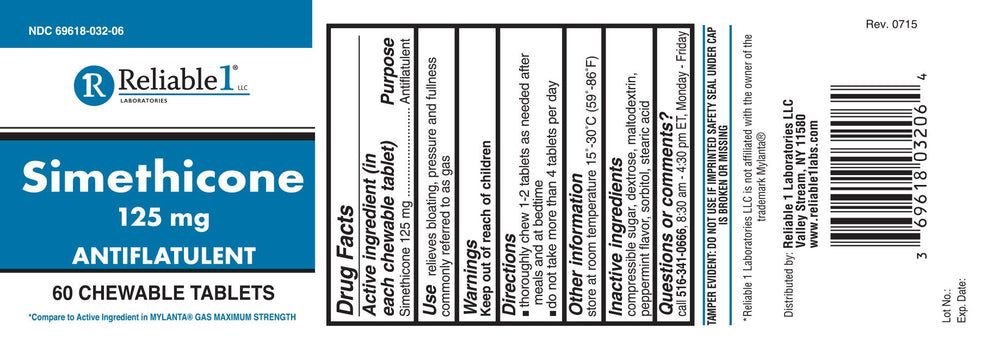 Reliable-1 Simethicone 125mg chewables close-up shows peppermint flavor for convenient relief