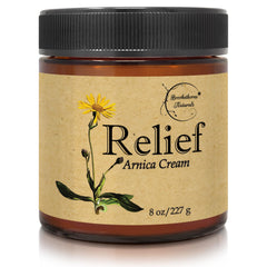Relief Arnica Cream bottle with lemongrass, eucalyptus and rosemary essential oils