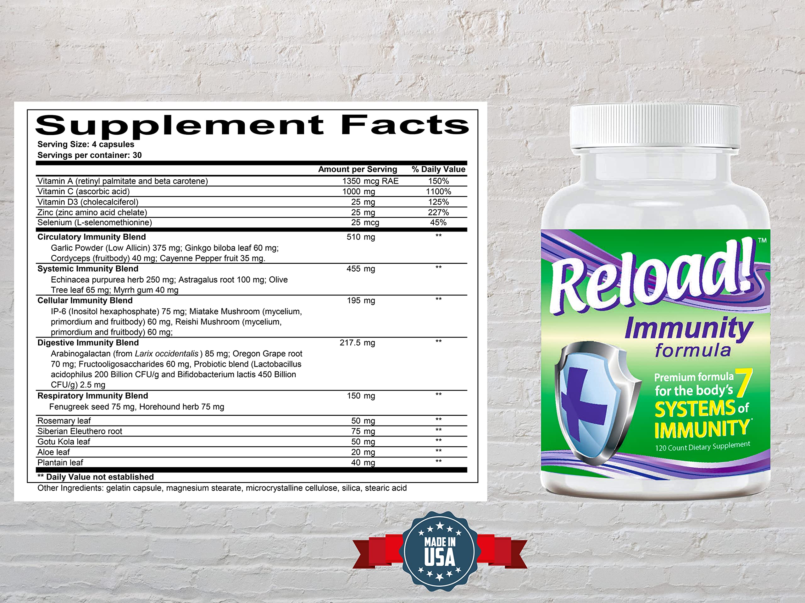 Ingredients list featuring vitamins and immune-supporting minerals