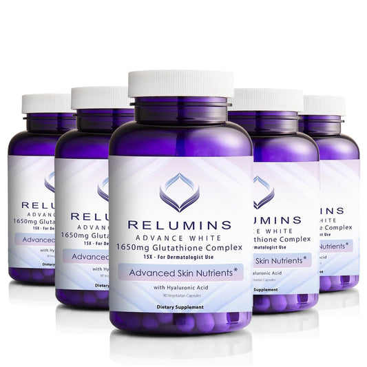 Relumins 1650mg L-Glutathione Complex with Hyaluronic Acid packaging – 5 bottles, 90 capsules each