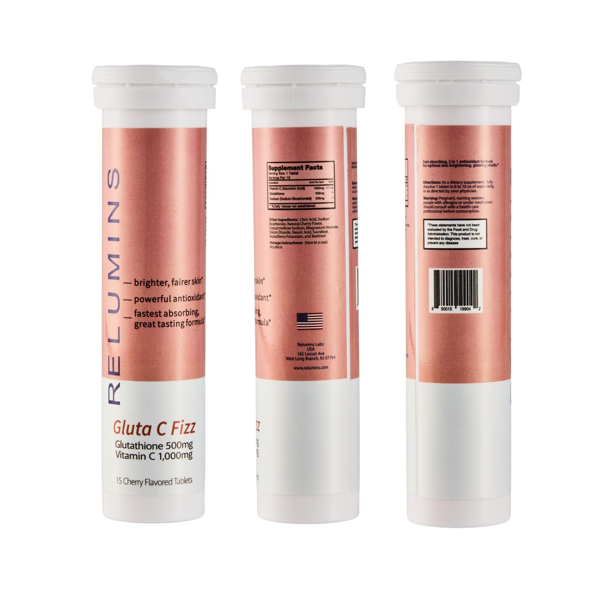 Product display showing Relumins Gluta C Fizz bottle and packaging