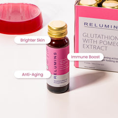 Relumins glass bottle packaging shown to highlight sustainability.