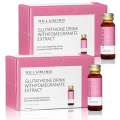 Relumins Glutathione Shots bottle with pomegranate flavor for daily radiant hydration.