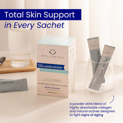 Packaging highlighting 5000mg marine collagen peptides Type I, II & III