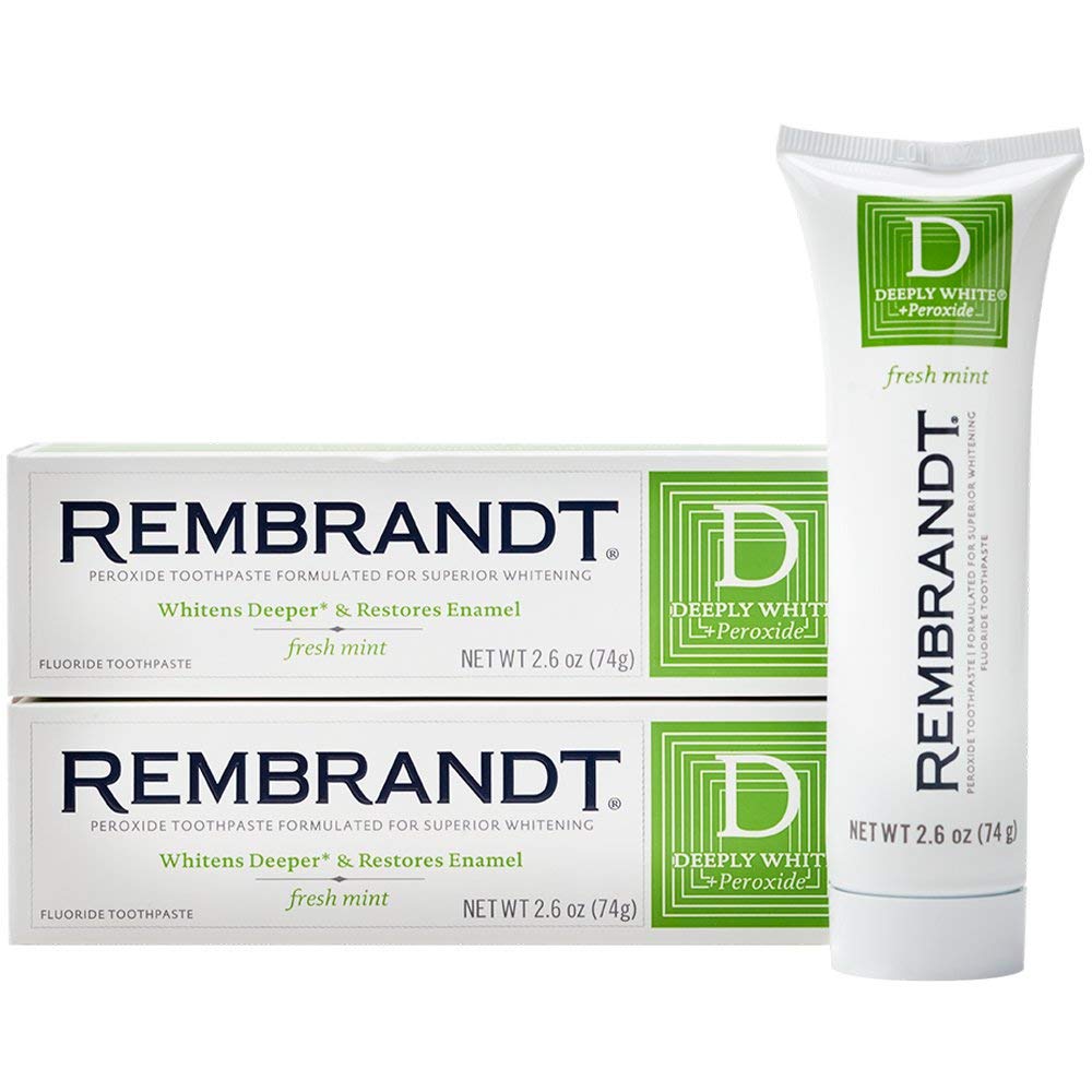 Rembrandt Deeply White + Peroxide Toothpaste bottle with Fresh Mint flavor
