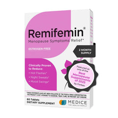 Remifemin bottle closeup demonstrating hormone-free menopause support.