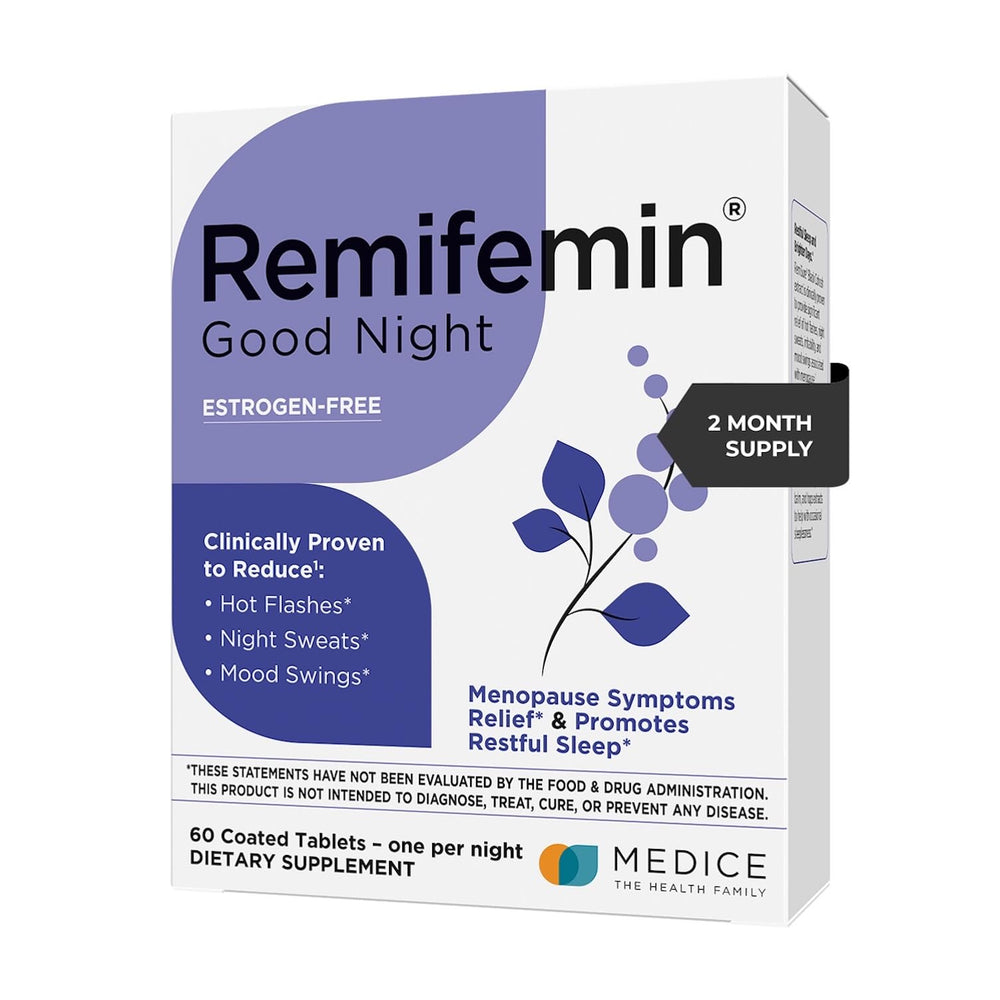 Remifemin Good Night bottle closeup highlighting sleep support for calmer nights.