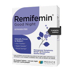 Remifemin Good Night bottle closeup highlighting sleep support for calmer nights.
