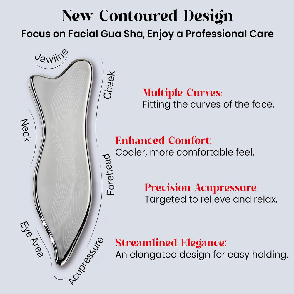 Close-up shot of the stainless steel Gua Sha tool for the face, silver finish