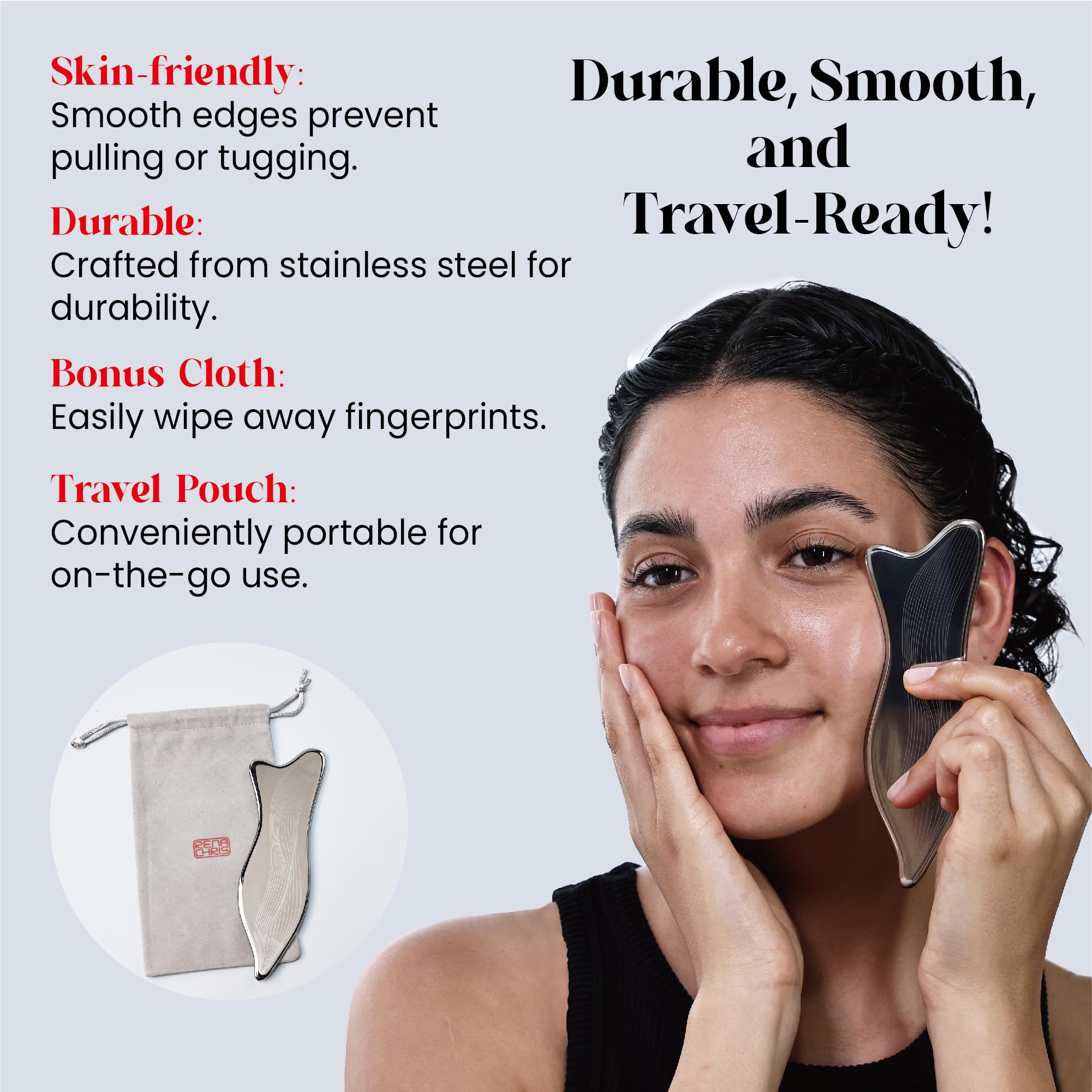 Gua Sha facial massage using the stainless steel tool, silver
