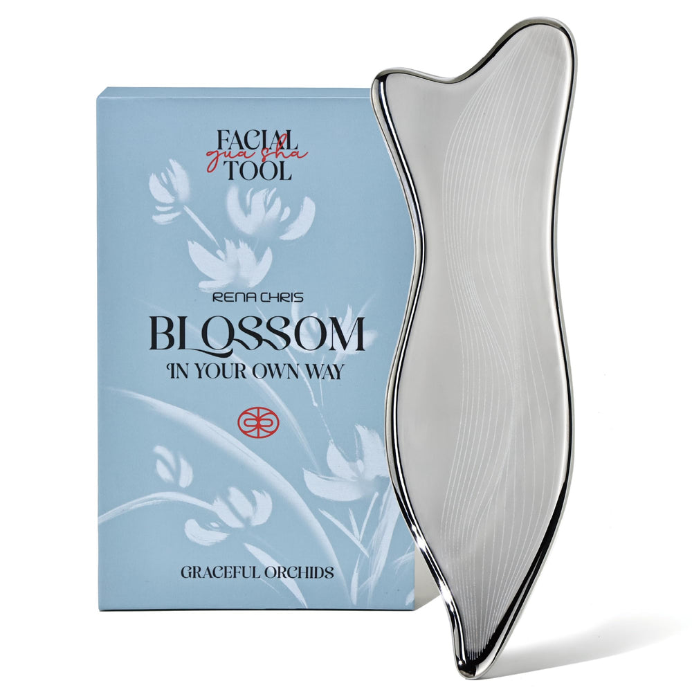 Rena Chris stainless steel Gua Sha facial tool in silver, top view