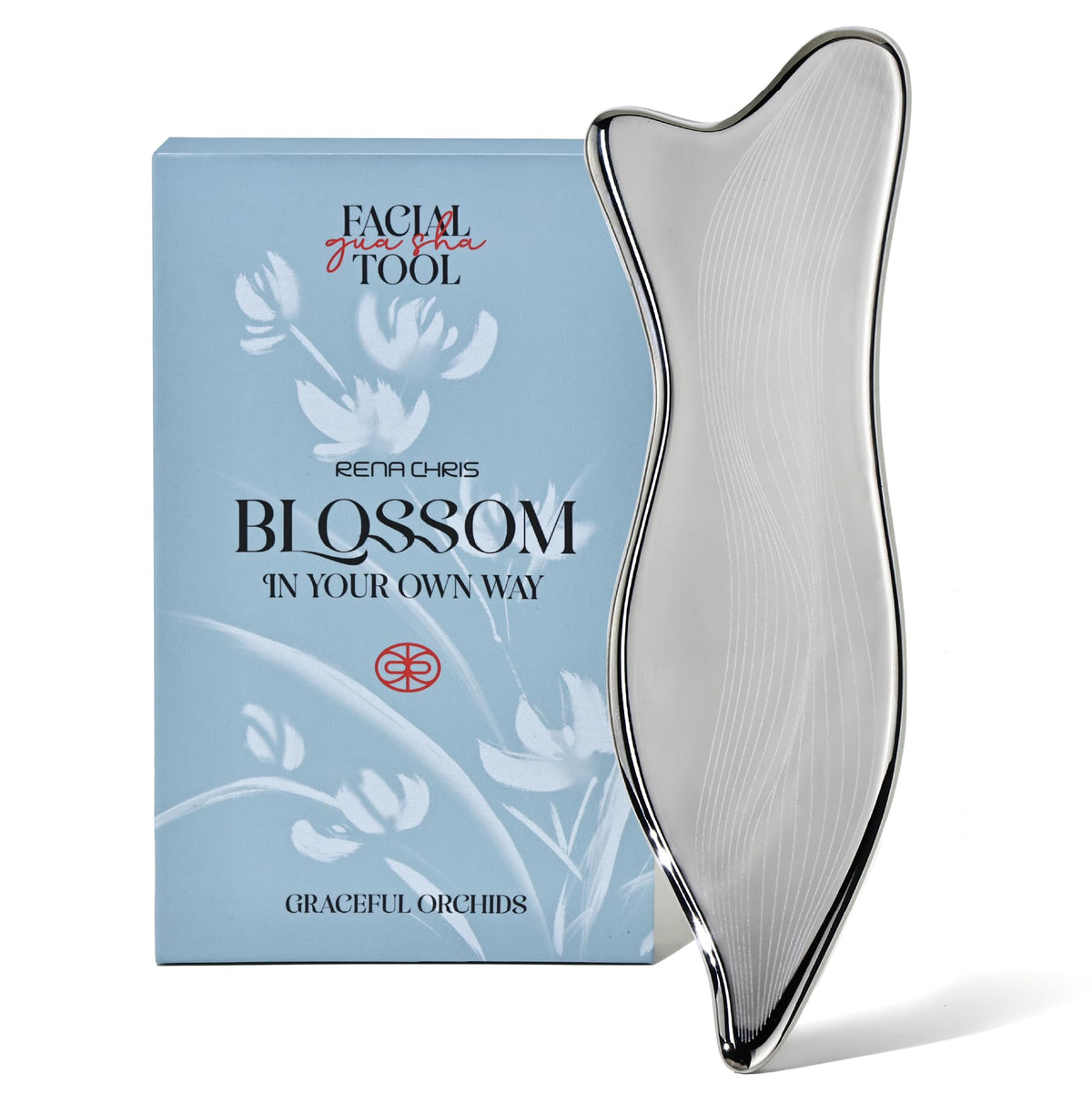 Rena Chris stainless steel Gua Sha facial tool in silver, top view