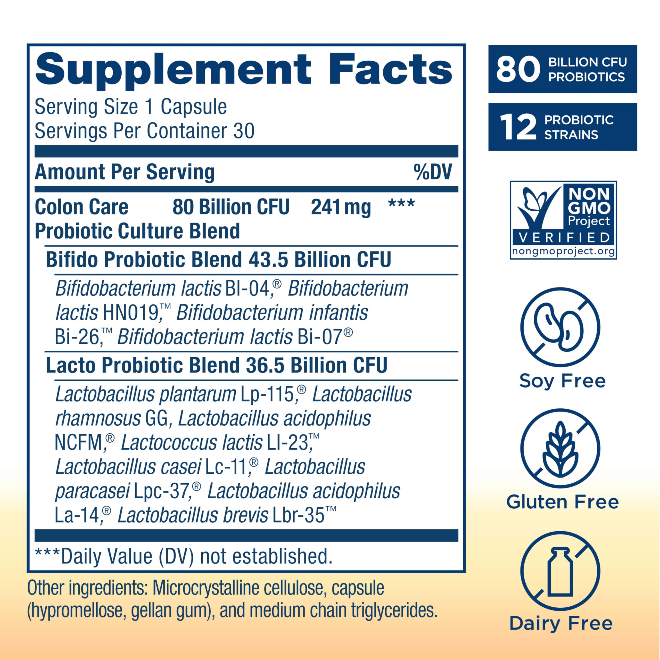 Label showing 12 probiotic strains in Colon Care formula