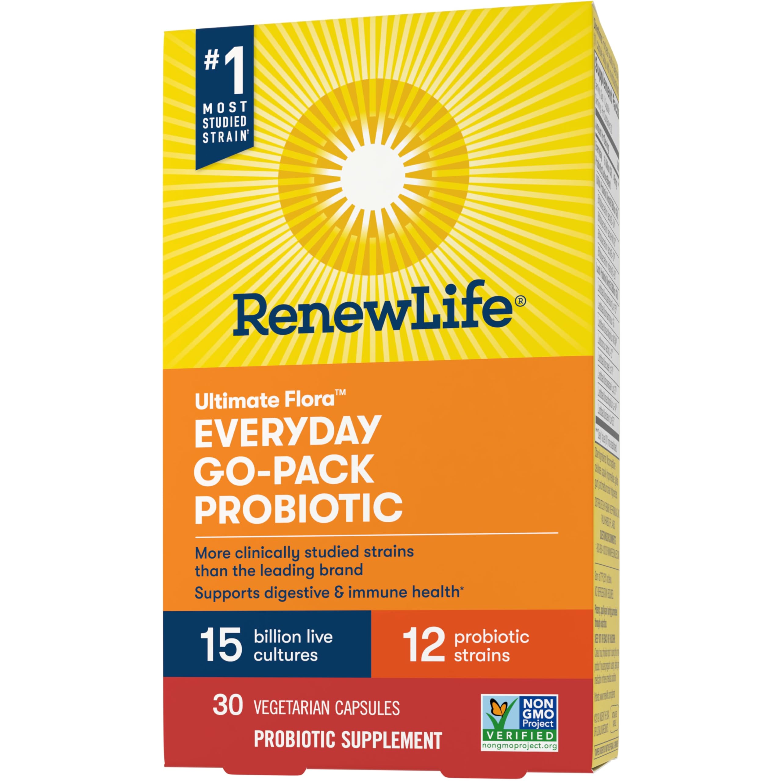 Back of Renew Life Go-Pack bottle with usage directions