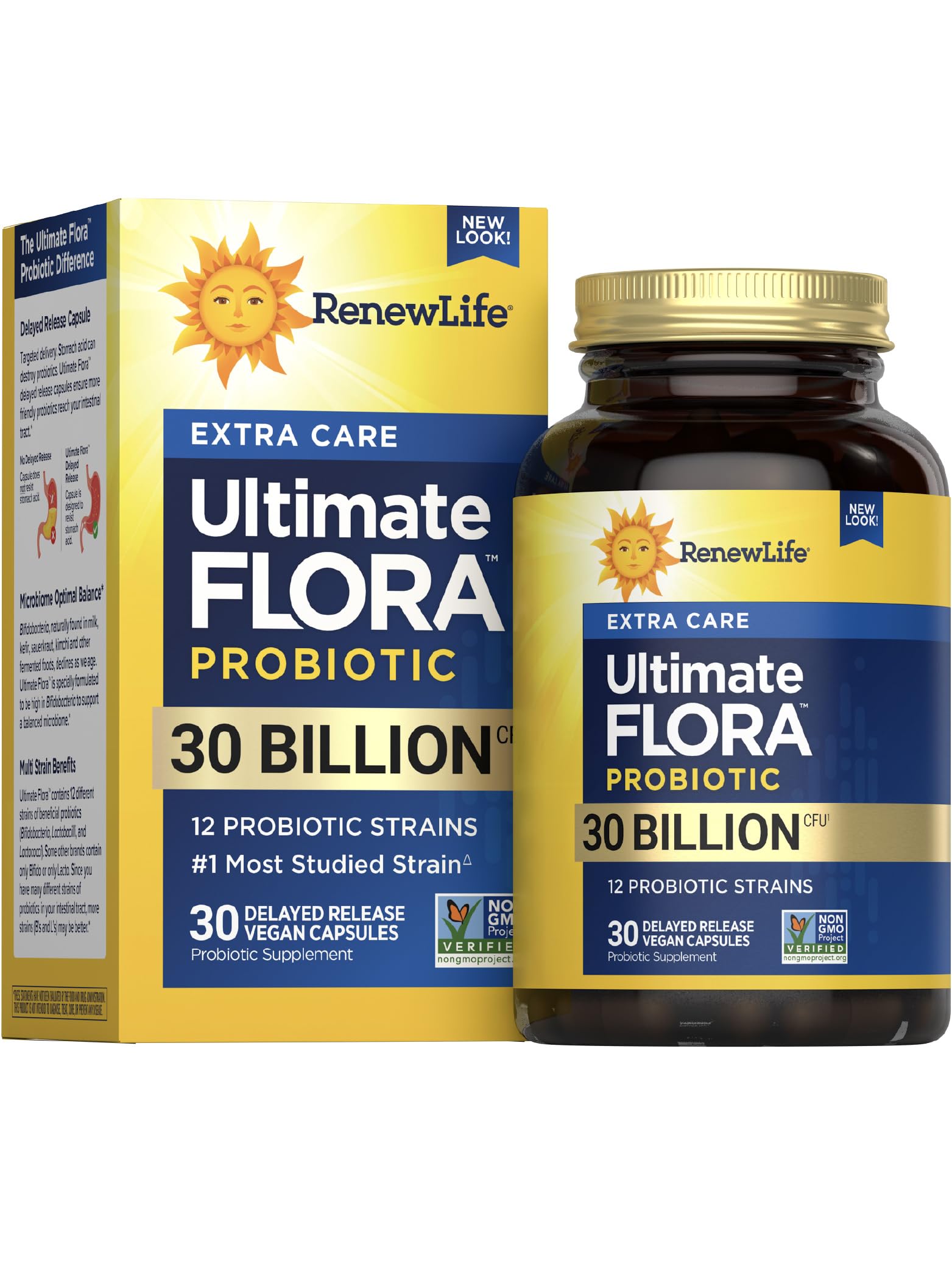 Hero image: Renew Life Extra Care Digestive Probiotic Capsules bottle showing 30 Billion CFU and 12 strains