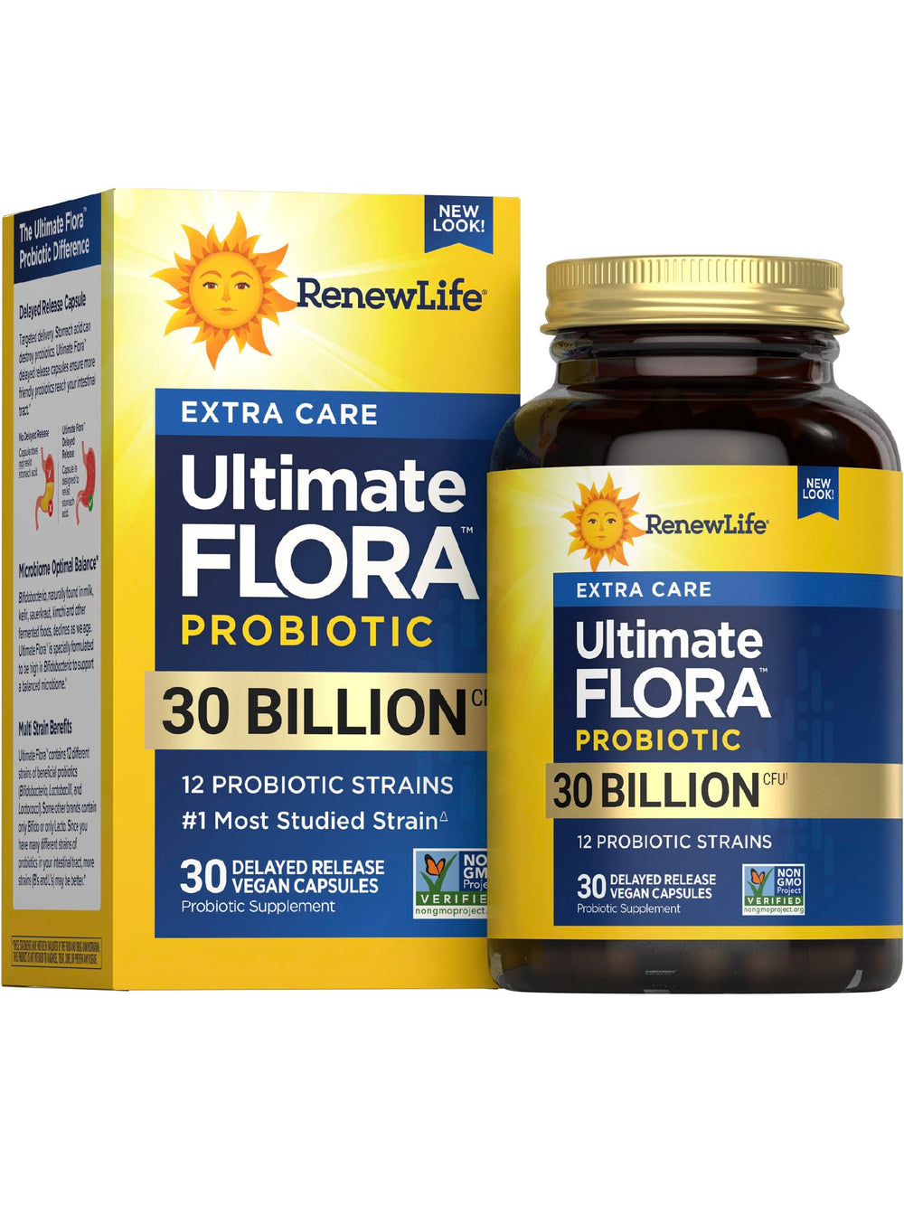 Hero image: Renew Life Extra Care Digestive Probiotic Capsules bottle showing 30 Billion CFU and 12 strains