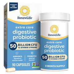 Renew Life Extra Care Probiotic bottle label with 50B CFU promise.
