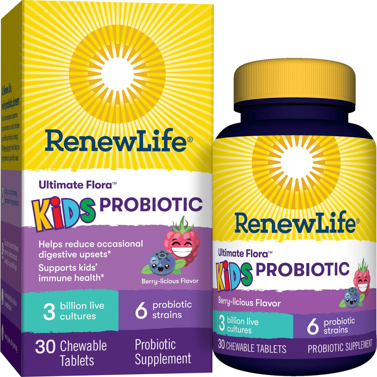 Renew Life Kids Probiotic Chewables Raspberry bottle front 30-count