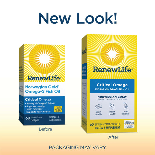 Close-up of Renew Life Norwegian Gold Critical Omega-3 softgels (850 mg each)