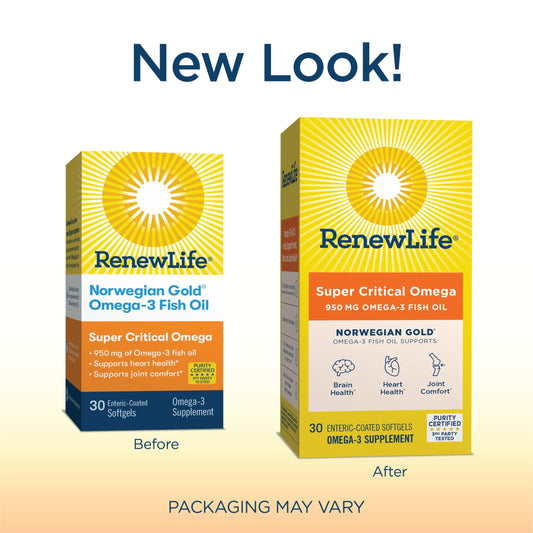 Bottle with 30-count packaging of Renew Life Omega-3 supplement