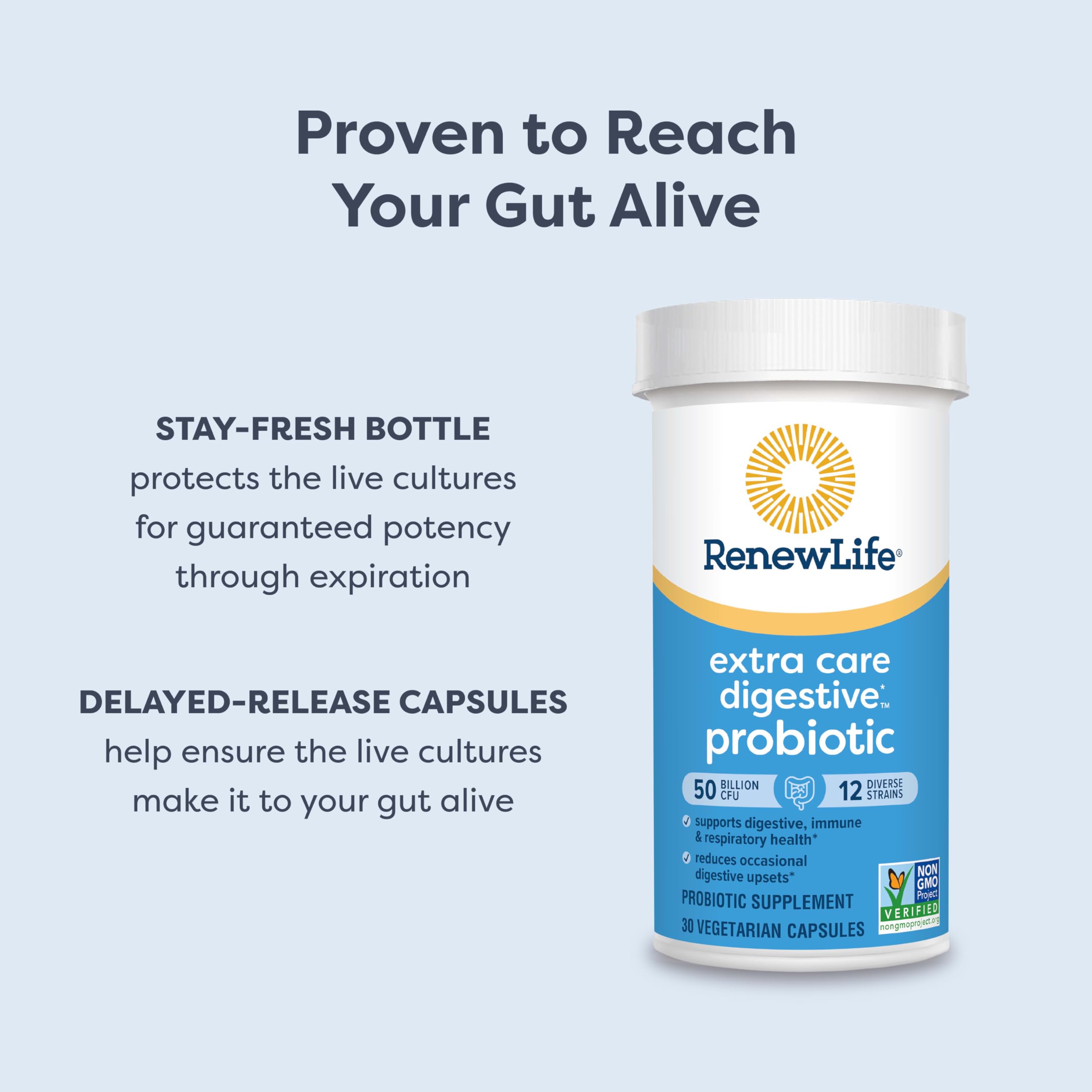 Renew Life probiotic label close-up shows gluten-free and dairy-free status.
