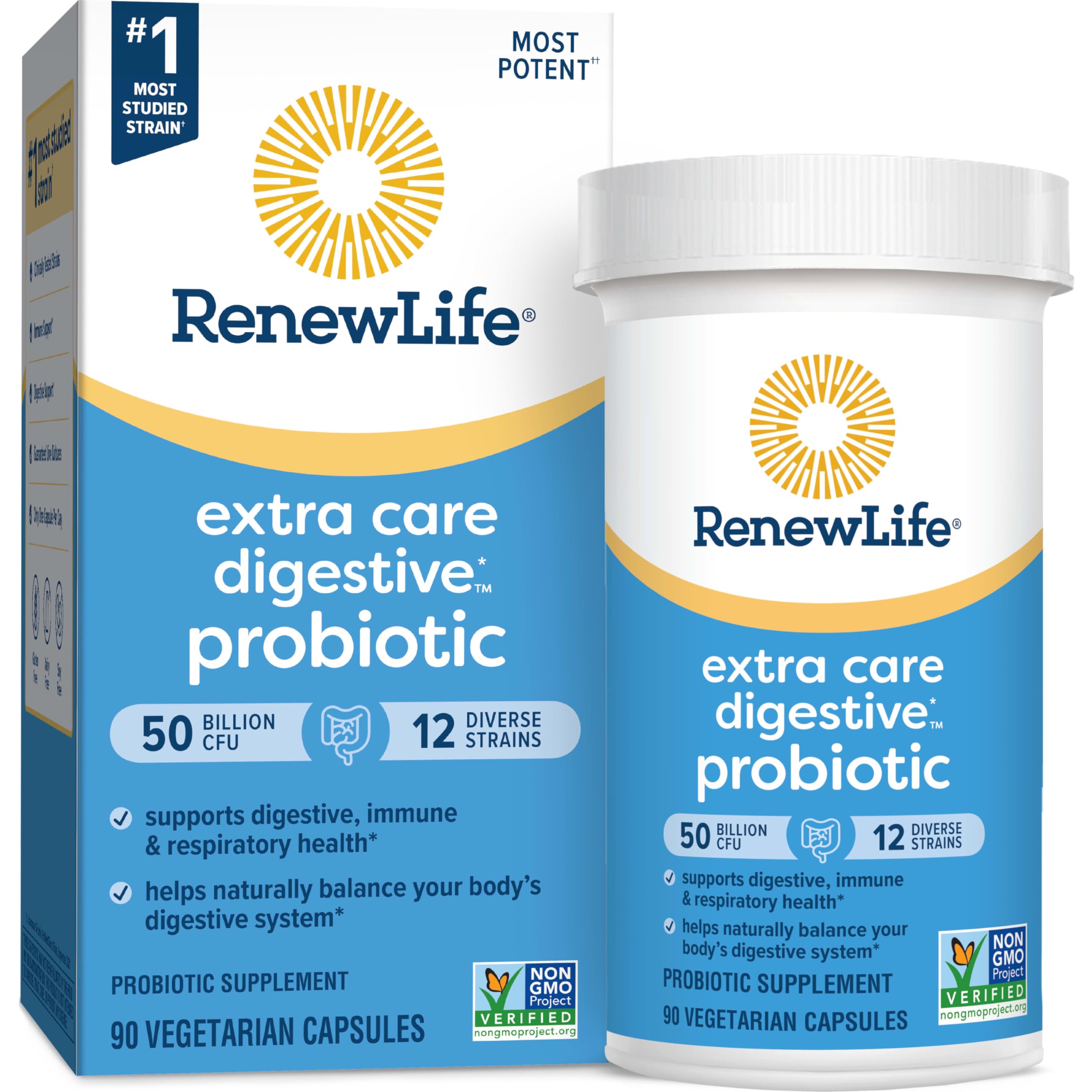 Renew Life probiotic bottle keeping cultures alive through delayed-release delivery.