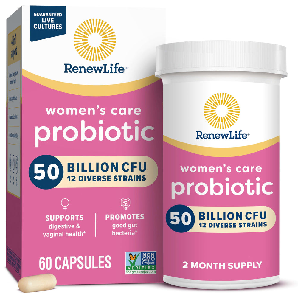 Renew Life Women's Probiotic bottle front showing 50 billion cultures for daily feminine support