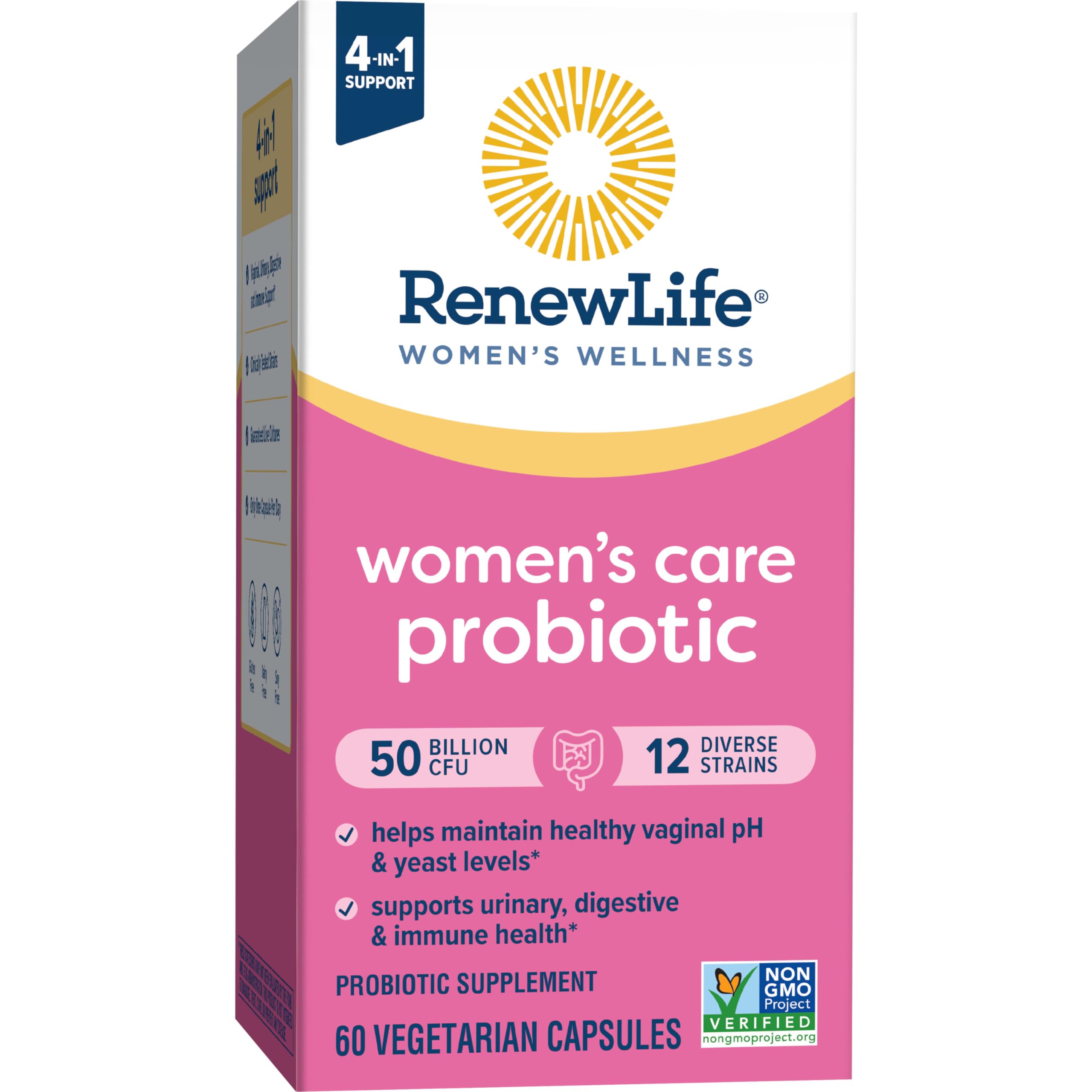 Renew Life probiotic badge notes gluten-free, dairy-free, and soy-free