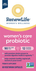 Renew Life Women's Probiotic label emphasizes gluten-free, dairy-free, soy-free and Non-GMO