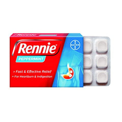 Rennie Peppermint tablets closeup shows chewable texture for quick relief.