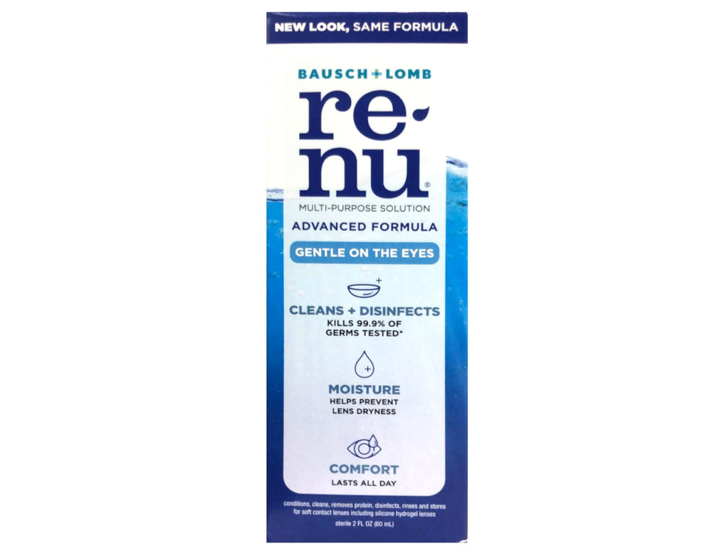 Graphic illustrating Renu's triple disinfectant system and 99.9% germ kill