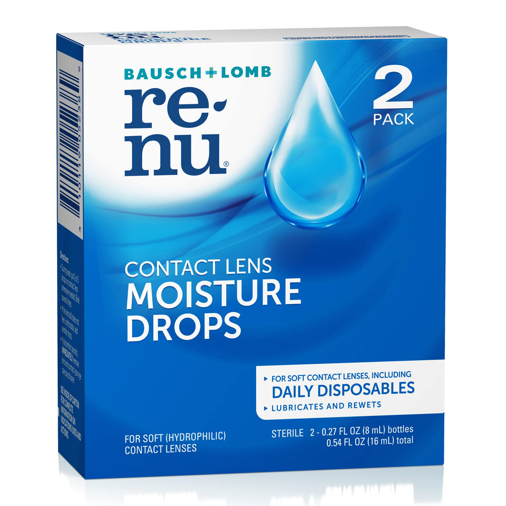 Renu eye drops on countertop with clear label visible