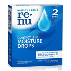Renu eye drops on countertop with clear label visible