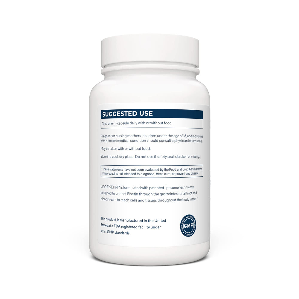 Fisetin capsules closeup, allergen-free pills with enhanced absorption.