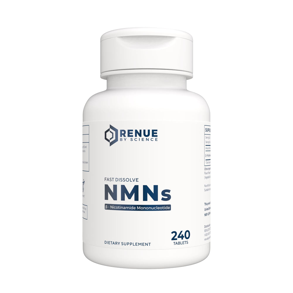 Renue By Science NMN fast-dissolve tablets in lemon bottle for on-the-go use.