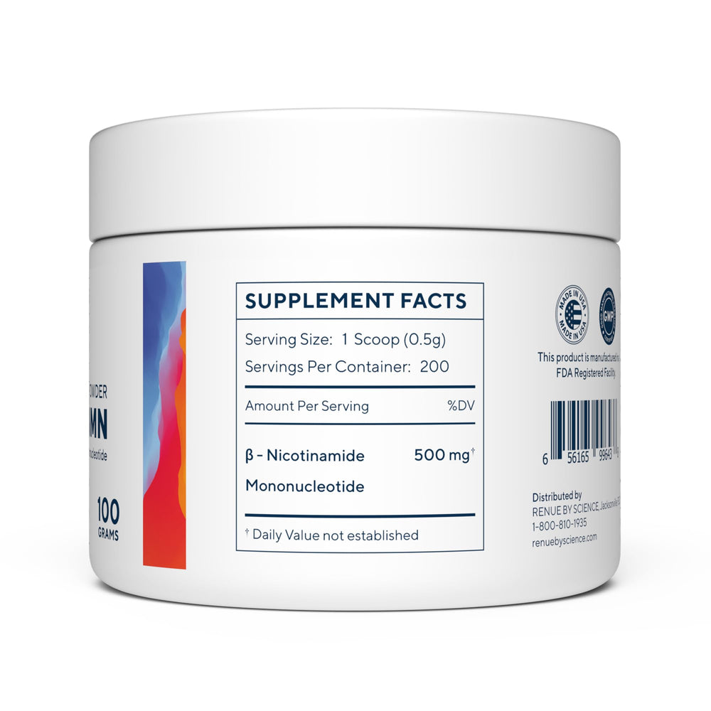 Renue by Science NMN powder on-the-go packaging designed for convenient daily dosing