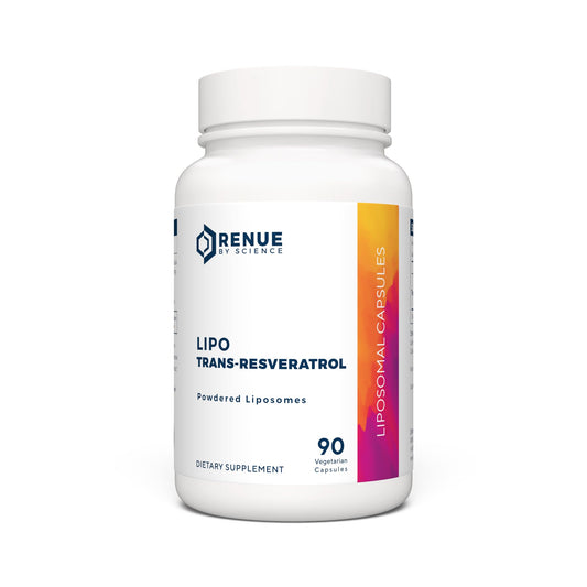 Pack shot of Renue By Science Resveratrol liposomal capsules (90-count)