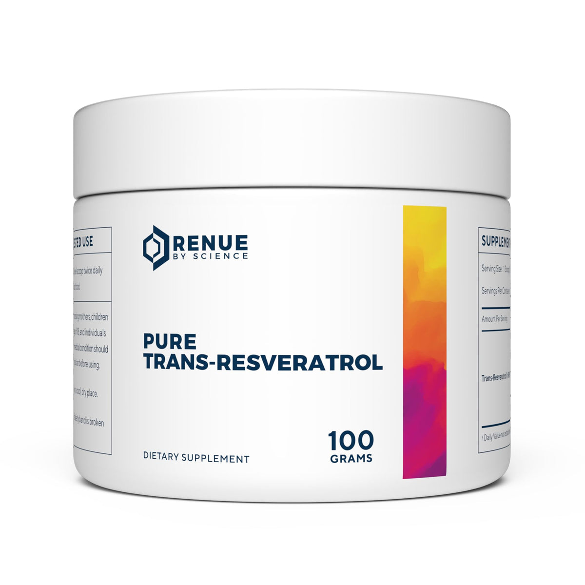 Pure trans-resveratrol powder in a 100g container