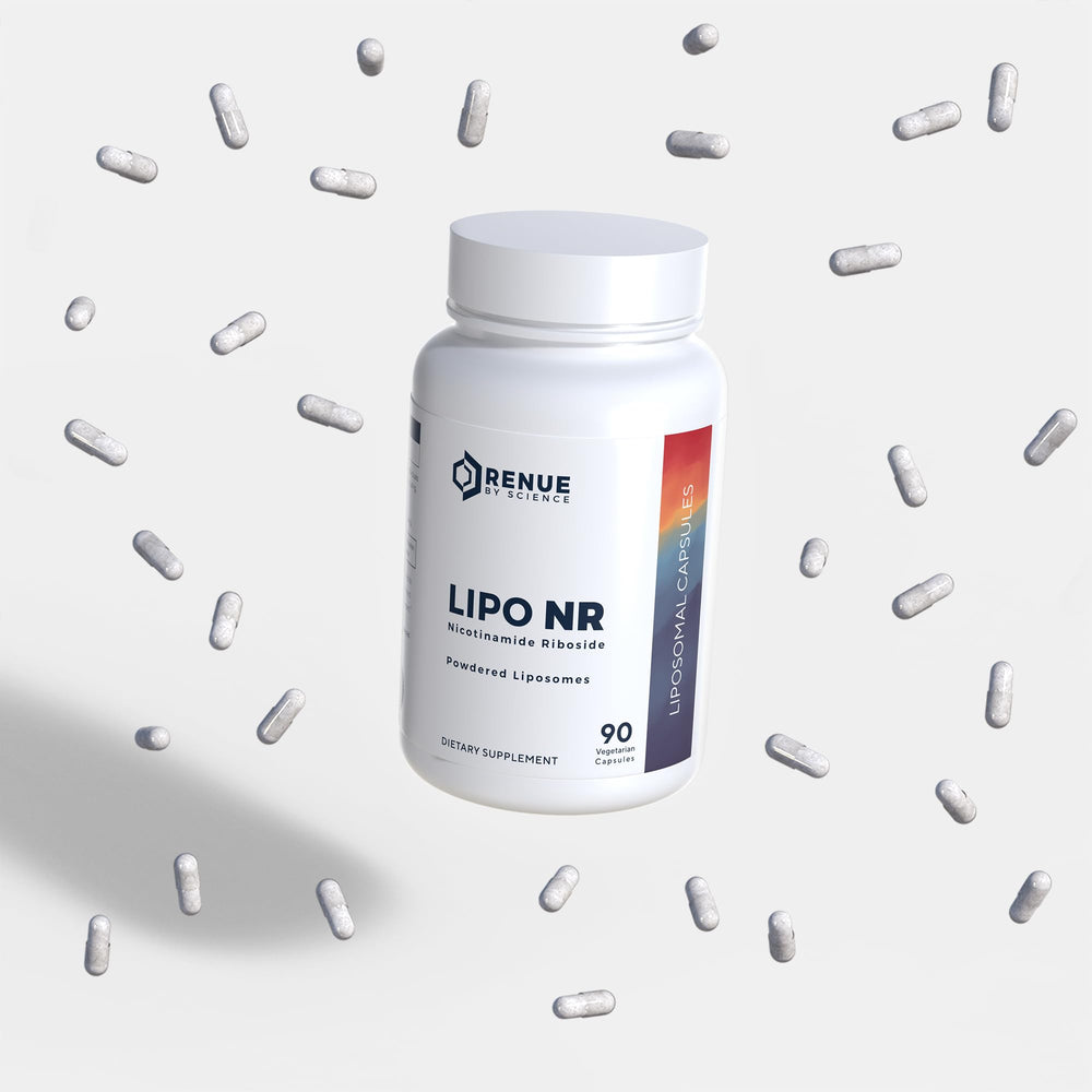 USA-made RENUE NR liposomal NR bottle with GMP/FDA indicators