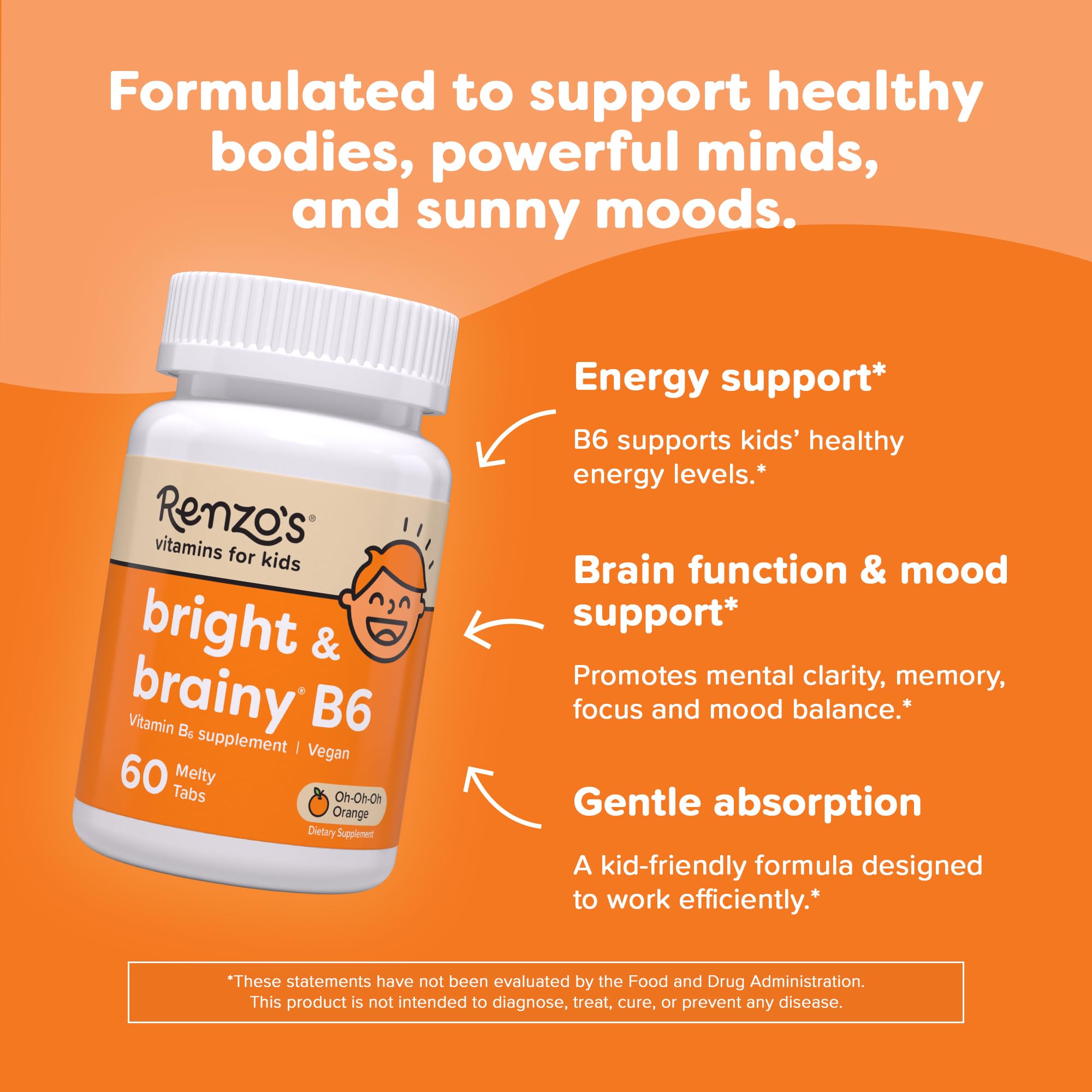 Bottle label of Renzo's Bright & Brainy Vitamin B6 for kids with Oh Oh Oh Orange flavor.