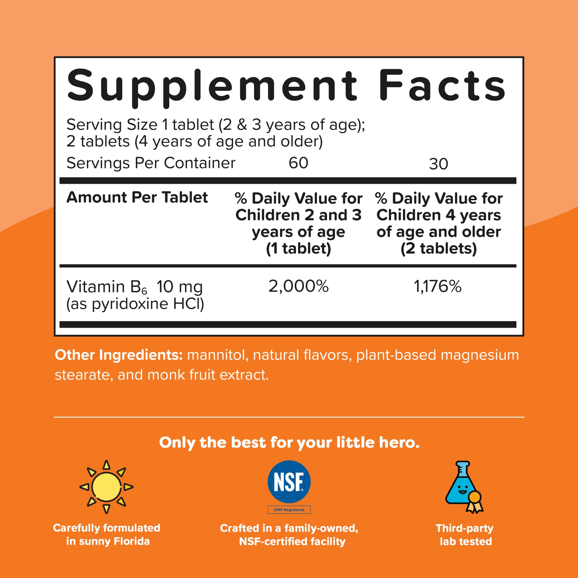 NSF-certified facility and third-party testing badge on product packaging.