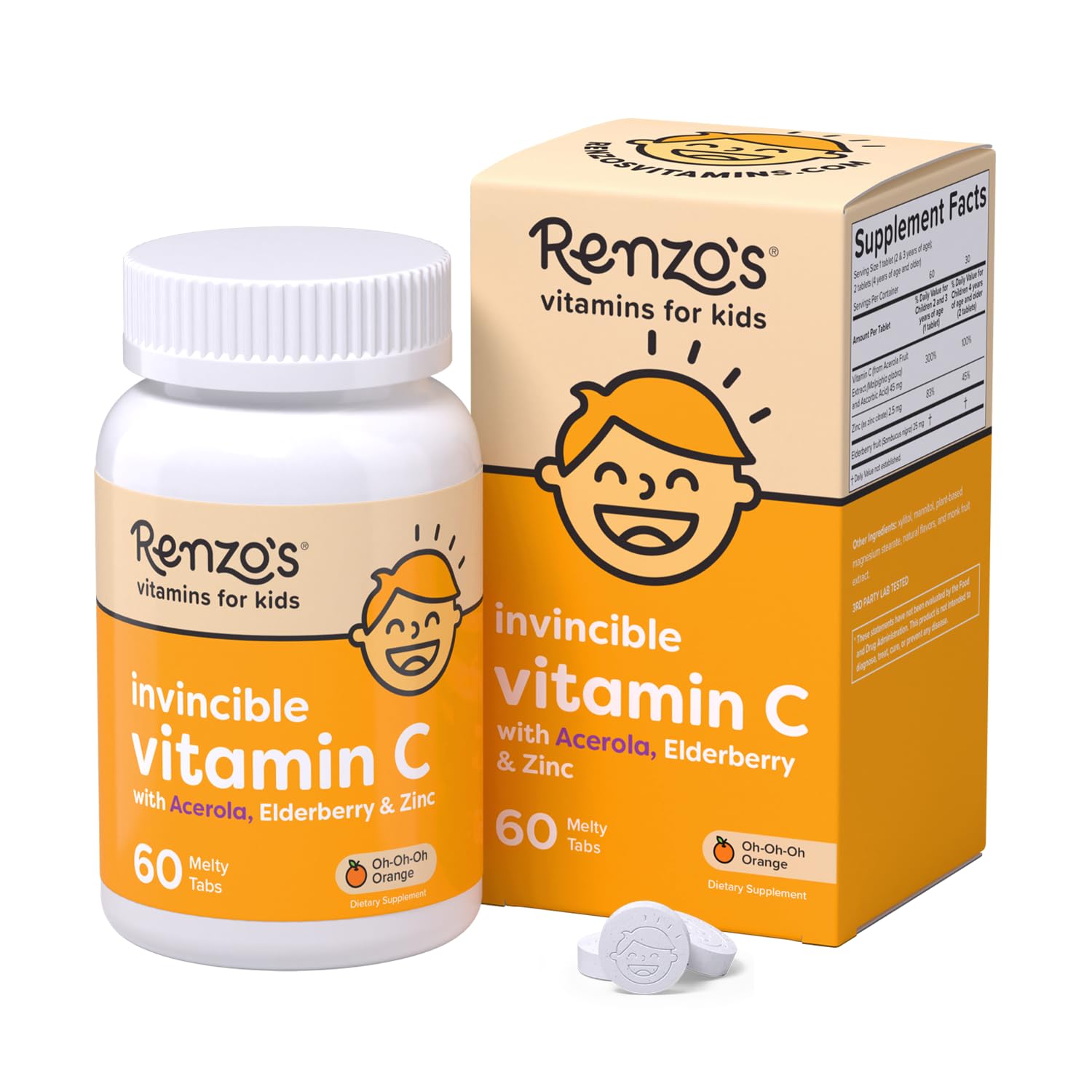 Bottle of Renzo's Invincible Vitamin C for Kids with orange melty tabs